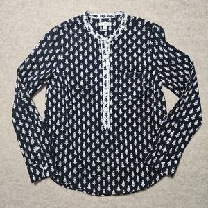 J.‎ Crew Womens Top Size 8 Navy White Floral Long Sleeve Button Up Blouse
